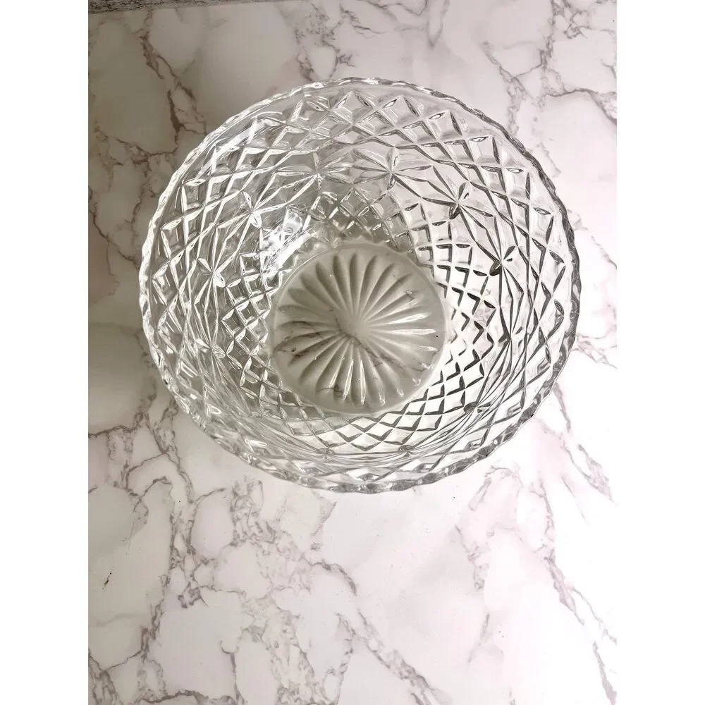 Vintage Heavy Lead Crystal Quilted Diamond Point Pattern Starburst Base Bowl
